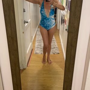 Mikoh XS one piece deep V, low back, halter top